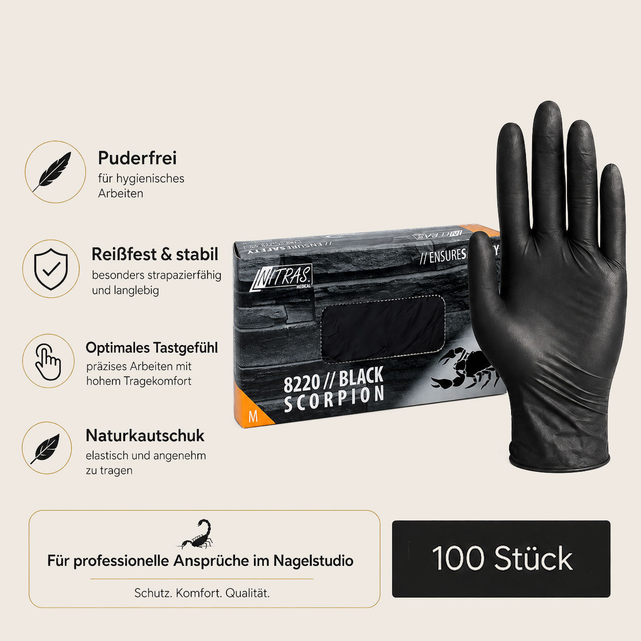 Gants en latex, sans poudre, 100 pièces, noir, taille M