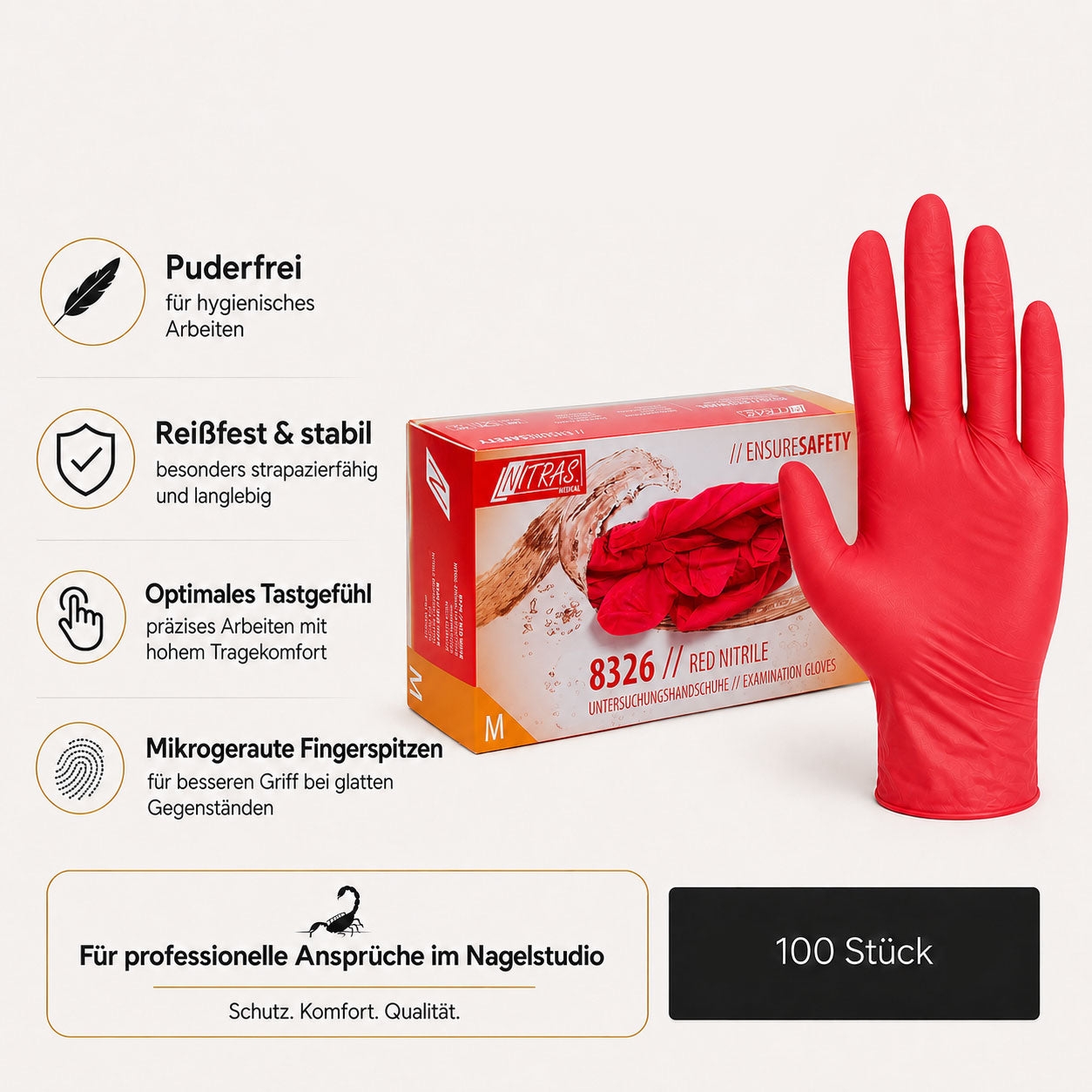 Gants en nitrile, sans poudre, 100 pièces, rouge, taille M