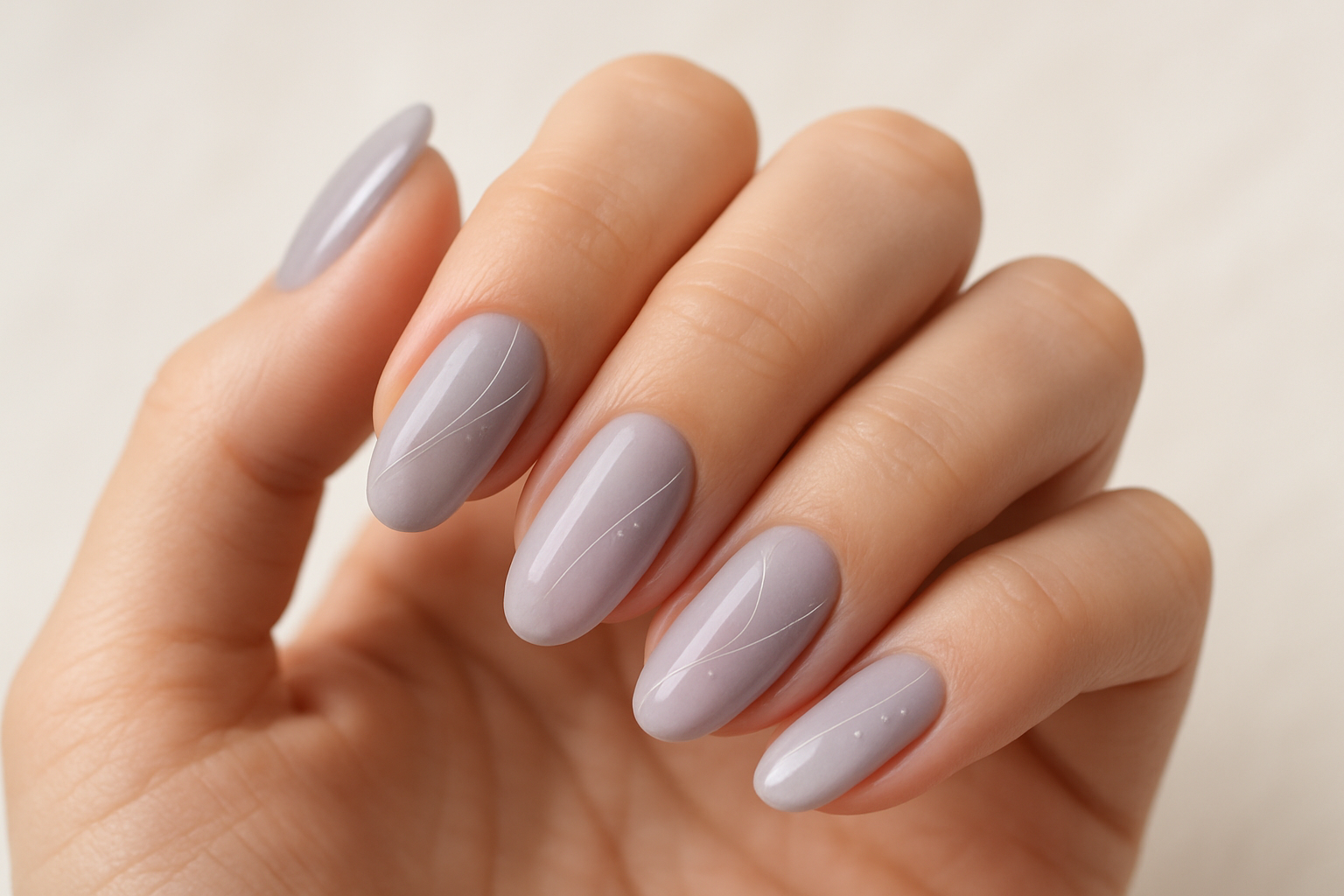 erstelle ein Nageldesign in einem zarte Grau-Fliederton mit dezentem Hintergrund