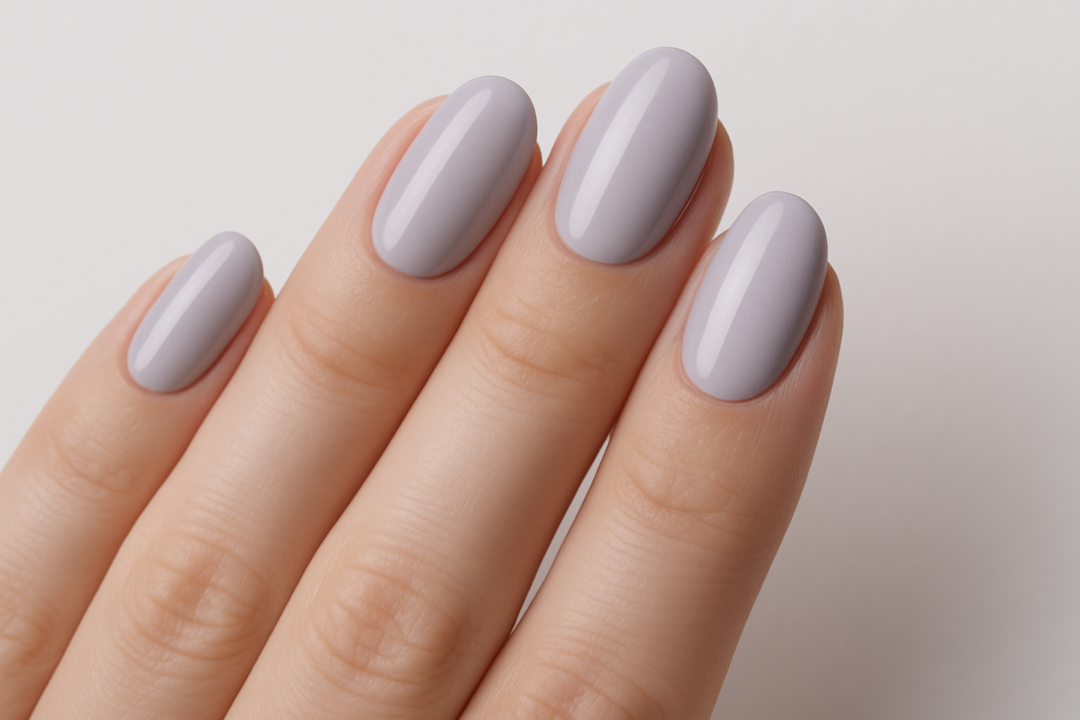 erstelle ein produktbild mit einem schönen Nageldesign in der Farbe hellgrau mit leichtem Lavendelton