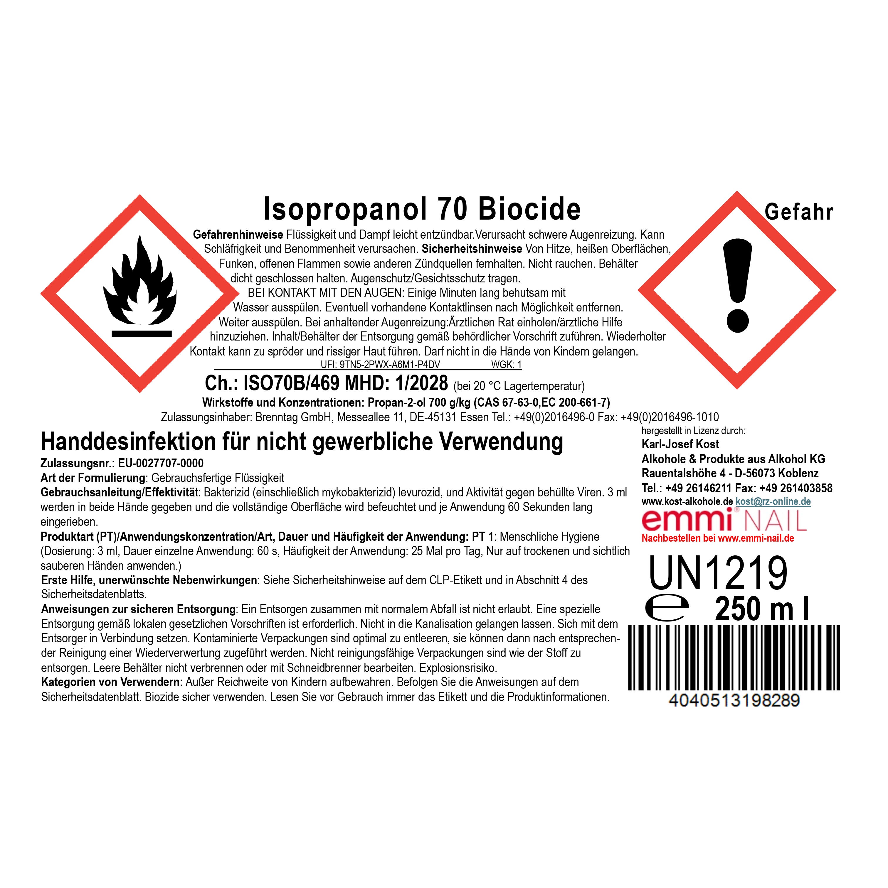 Isopropanol 70 Biocide Haut- und Handdesinfektionsmittel 250ml