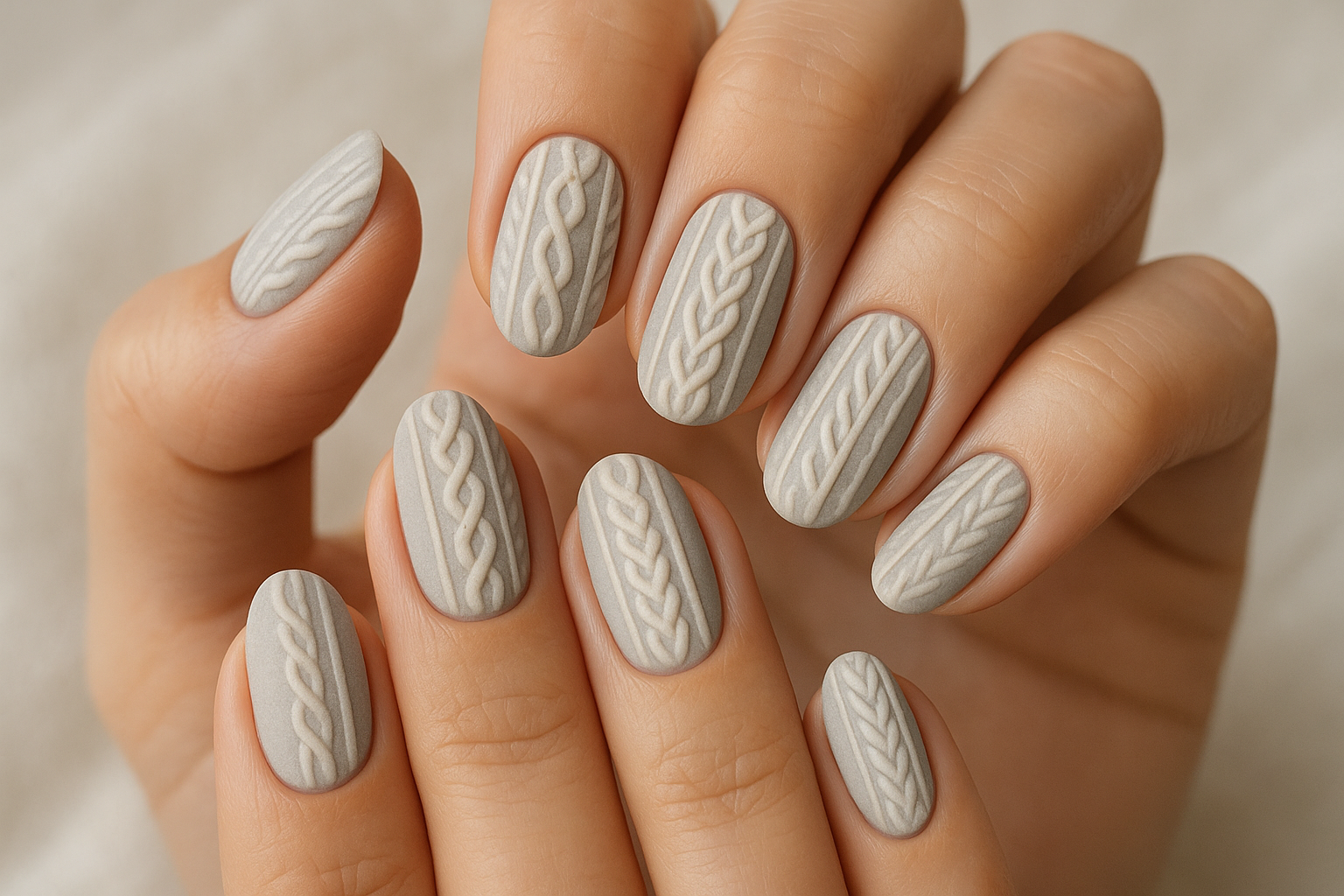 erstelle ein Nageldeign in einem hellen grau und ein strickpullover